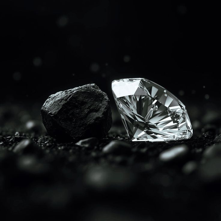 Diamant taillé et charbon brut — transformation du carbone en pierre précieuse